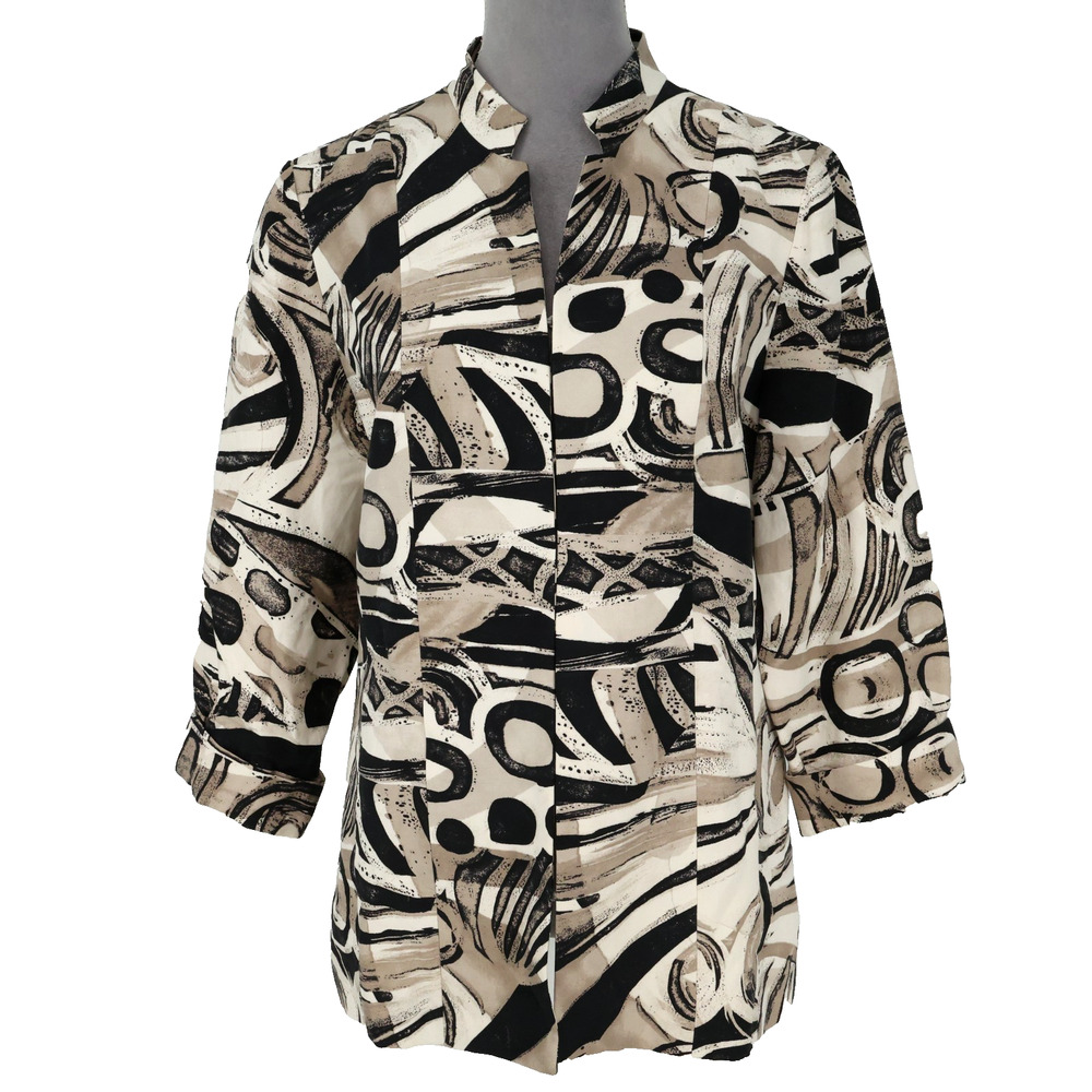 Chicos Jacket 1 Womens 8 M Ivory Black Print Silk Linen Lined Blazer Art to Wear